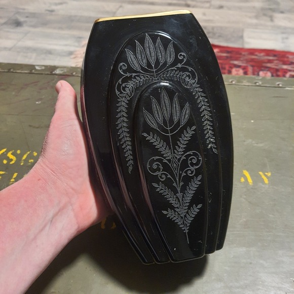 Fostoria Other - Antique Fostoria Black Ebony Glass Etched Fern Gold Trim Vintage Art Deco Vase